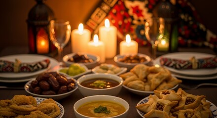 Naklejka premium A beautifully set table with various dishes and candles for a festive meal