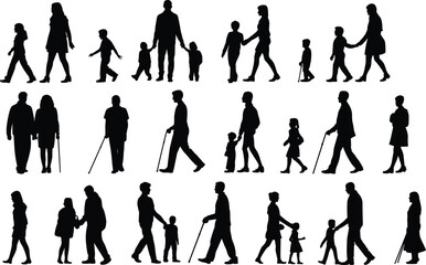 Naklejka premium Silhouette vector illustration of diverse people walking, standing, interacting, families, elderly with cane, children holding hands, urban lifestyle.
