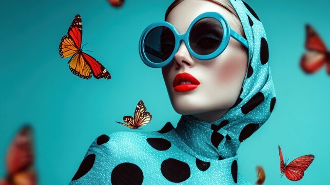 Glamorous woman with bold red lips and large blue sunglasses surrounded by butterflies