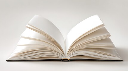 Open blank white book displays clean pages fluttering gently with soft light.