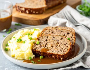 Meatloafe Slice with Mashed Potatoes and Gravy