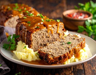 Meatloafe Slice with Mashed Potatoes and Gravy