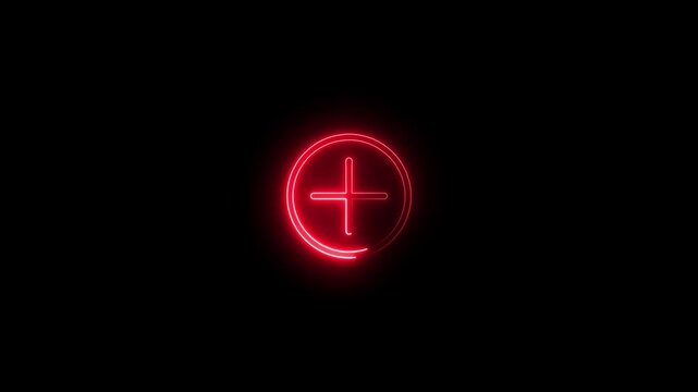 Vibrant Neon Red Plus Sign with a Circular Outline and a Partial Arc on a Deep Black Background Symbolizing Addition or Starting New
