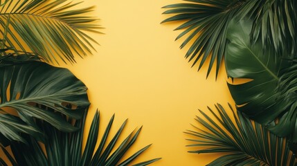 Fototapeta premium Tropical leaves frame on yellow background