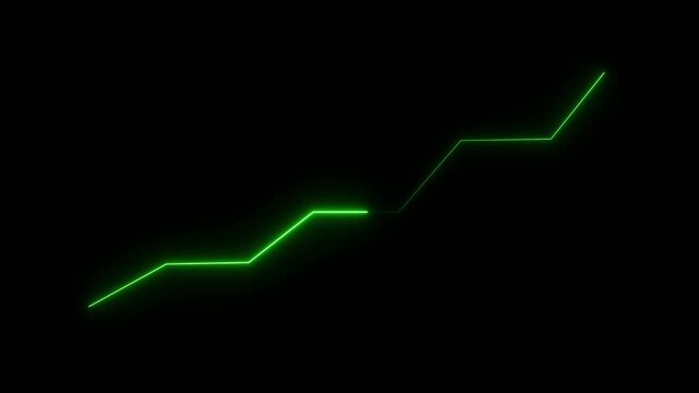 A luminous green neon line graph charting a steady upward progression from left to right across a dark black background, symbolizing positive financial or business growth