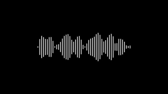 A white sound wave visualization with vertical bars of varying heights against a black background representing audio or sound data