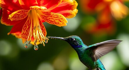 Obraz premium Vibrant hummingbird sips nectar from stunning red and yellow flower in garden