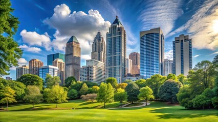 A photo of the iconic skyscrapers of Midtown Atlanta stretching towards the sky from a tranquil park