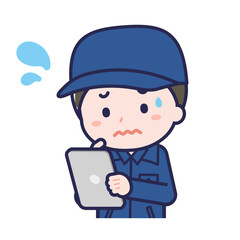 タブレットを使う「消防団員」の男性