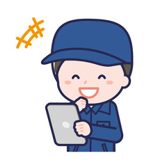 タブレットを使う「消防団員」の男性