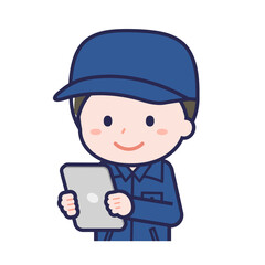 タブレットを使う「消防団員」の男性