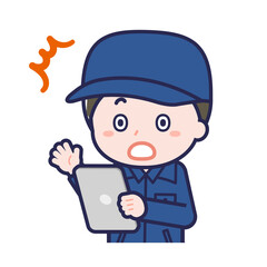 タブレットを使う「消防団員」の男性