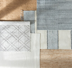 Fototapeta premium Close-Up Detail of Multicolor Nordic Fabric Texture, Flatweave Cotton Area Rug Samples Set Featuring Neutral Colors and Various Textures, Top View.