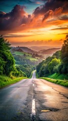 Obraz premium A photo of a wornout road with faded , directing traffic on a busy highway, surrounded by lush green trees and rolling hills in the background, twili