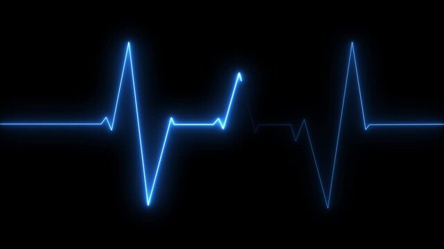A vibrant electric blue neon electrocardiogram line pulses rhythmically against a deep black void representing a healthy heartbeat or vital sign monitoring in a medical or technological context