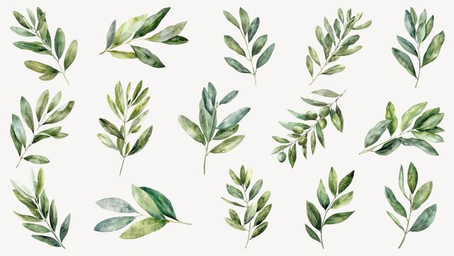 watercolor olive leaf element set