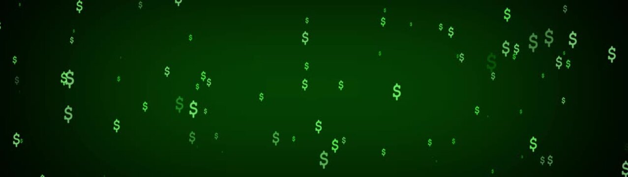 A multitude of bright green dollar signs are dispersed and drifting across a dark green gradient background, evoking themes of financial growth, prosperity, and economic success in a vibrant and