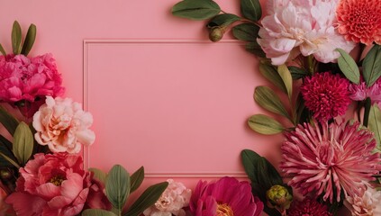 Vibrant flowers in pink hues frame a blank space, creating a beautiful, fresh design perfect for invitations or greeting cards.