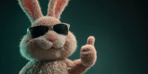 A cool rabbit character wearing sunglasses gives a thumbs-up gesture against a dark background, radiating a fun and playful vibe.