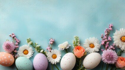 A colorful arrangement of decorated Easter eggs and vibrant flowers against a blue background, evoking a festive and cheerful spring atmosphere.