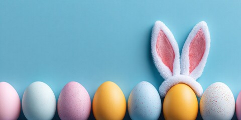 Colorful Easter eggs arranged in a row with a fluffy bunny ear headband, set against a light blue background, evoking a festive spring atmosphere.