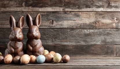 Two chocolate bunnies sit beside colorful Easter eggs on a rustic wooden surface, creating a festive and cheerful atmosphere.