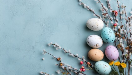 Colorful Easter eggs arranged with spring branches on a soft blue background, creating a festive and cheerful atmosphere.