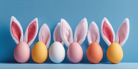 A playful arrangement of colorful eggs topped with bunny ears against a soft blue background, evoking a festive and cheerful atmosphere.