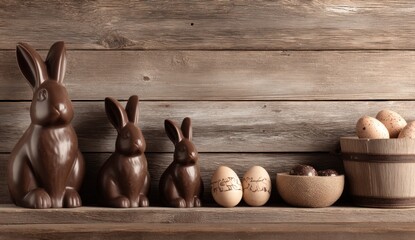 Chocolate bunnies and decorative eggs are arranged on a rustic wooden shelf, creating a charming Easter-themed display.