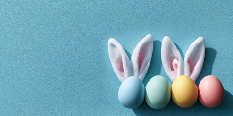 Colorful Easter eggs with bunny ears against a light blue background, creating a festive and playful atmosphere.