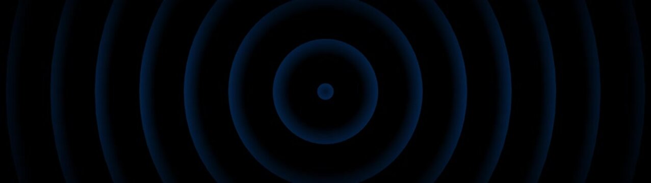 Concentric Dark Blue Circles on a Black Background Forming a Ripple or Sound Wave Pattern with a Subtle Glow and a Wide Aspect Ratio for Digital Use