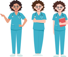 Female nurse character with curly hair wearing medical scrubs in different poses isolated on white background vector illustration