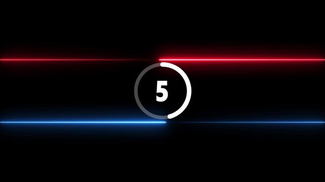 A dark abstract background with a central white circle displaying the counting 5 to o second.