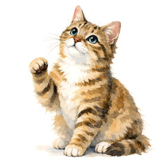 Obraz premium Watercolor Illustration of a Cute Tabby Kitten Sitting and Looking Up with Raised Paw Isolated on White Background
