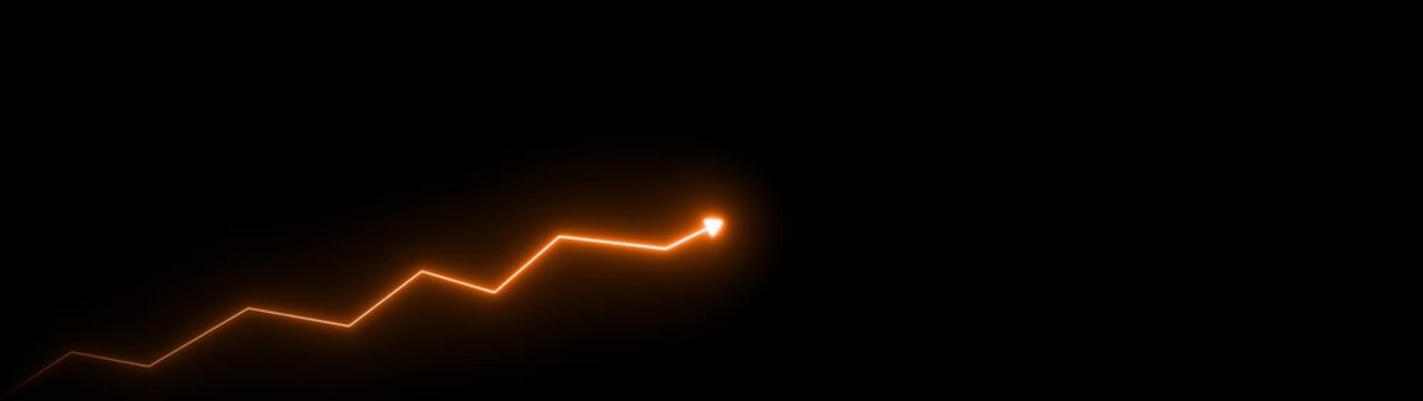 An orange neon line graph with sharp upward angles rises diagonally from the bottom left corner against a completely black background, indicating a positive trend or financial increase. Keywords