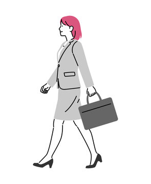 女性のビジネスパーソンがビジネスバッグを片手に歩いている姿のイラスト