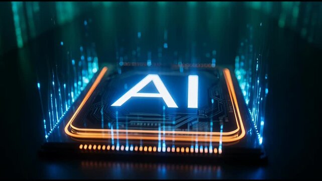 Futuristic High-Tech AI Microchip Processor with Binary Code Rain and Neural Energy Flow, an artificial intelligence powered illustration concept