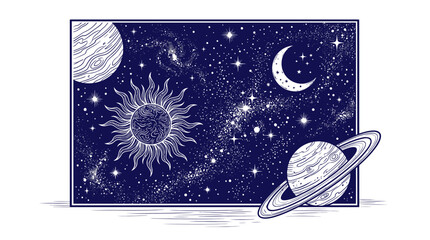 Mystical Celestial Space Illustration with Sun, Moon, Planets, and Stars on a Deep Blue Background. Cosmic & Astrology Art. © Deru