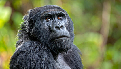 Obraz premium Wise mountain gorilla looks thoughtfully into the distance in foggy jungle
