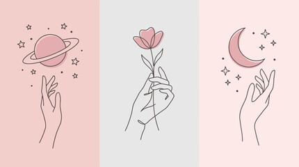 Minimalist Line Art Hands Collection: Celestial Planet, Moon & Pink Flower. Feminine Pastel Aesthetic Dream © Deru
