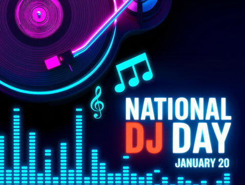 Colorful national dj day celebration with music elements and vibrant lights