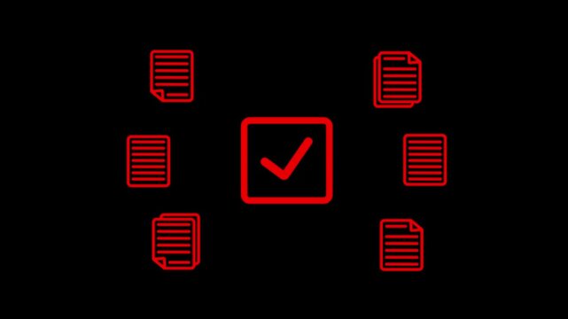 A central red square checkbox with a red checkmark surrounded by six red document arranged in a circular pattern on a stark black background symbolizing completion and organization of tasks or data