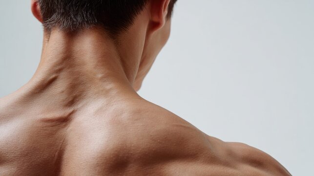 Close-up of a man's muscular neck and shoulder muscles with visible veins