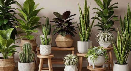 Obraz premium Variety of potted plants and succulents on wooden stands indoors