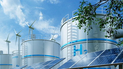 Green hydrogen plant with storage tanks wind turbines and solar panels for renewable clean energy and sustainable power industry- 3D rendering © Vanitjan