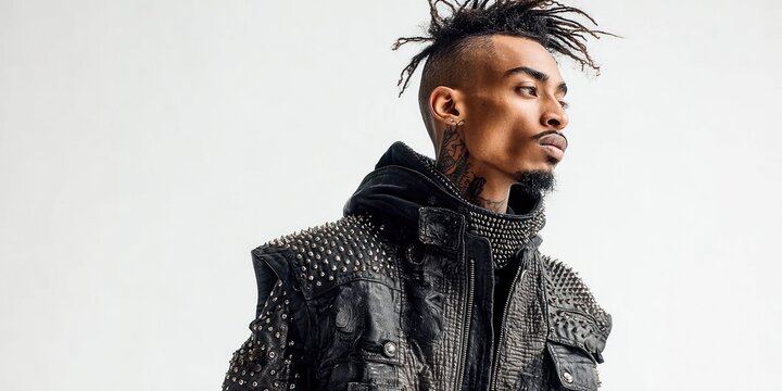 Young man with dreadlocks and tattoos wearing a studded leather jacket and hoodie
