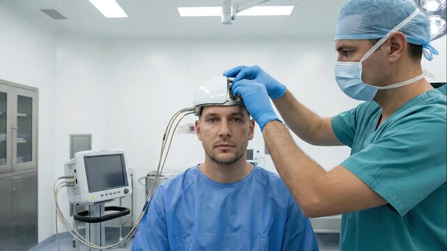 Medical Professional Applying Brain Computer Interface Headset on Male Patient for Neurological Examination. Neuroscience Technology.