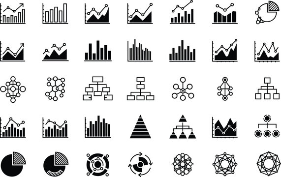Minimalist black and white data visualization icons, business analytics elements, organizational chart graphics, abstract infographic design set, modern vector illustration