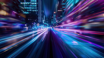 Obraz premium Blurred night cityscape with purple and blue light streaks fast motion blur, dark background emphasizing lights, urban energy speed and movement atmosphere