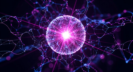 Fototapeta premium A glowing pink orb surrounded by complex network connections in a dark environment from a central viewpoint 